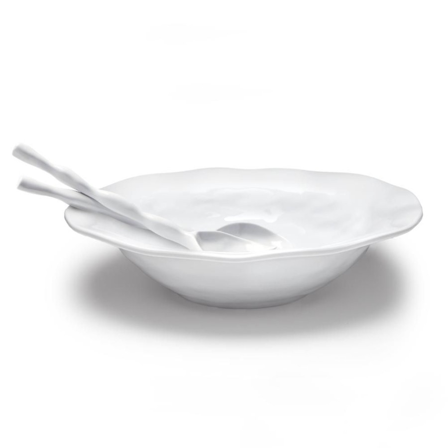 Sets & Gifts Q Squared | Ruffle White Melamine Round Shallow 2Pc Salad Serving Set